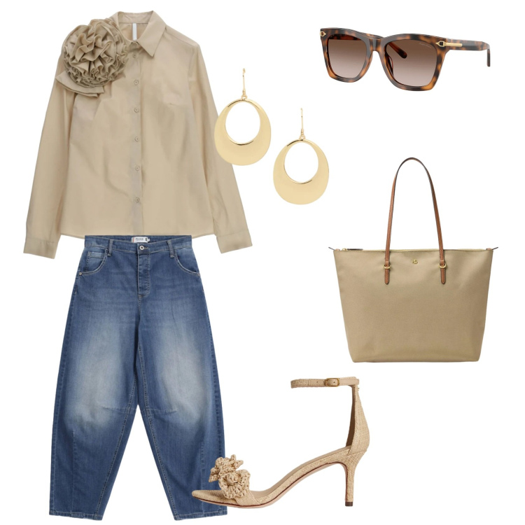 Outfit donna - Mezzogiorno al bar. Stile Casual chic per Tutti i giorni. Abbinamento con jeans, camicie, occhiali da sole, orecchini, sandali in pelle, borse tote.