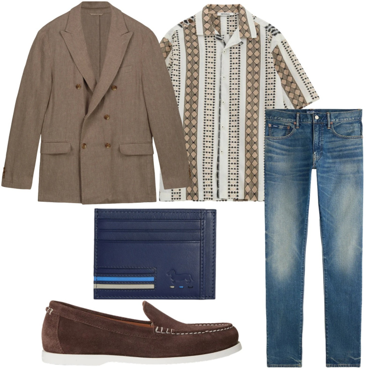 Outfit uomo - Camicia vintage. Stile Trendy per Tutti i giorni. Abbinamento con portafogli, camicie a manica corta, jeans, scarpe stringate, giacche.