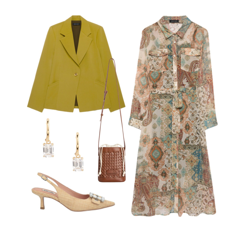 Outfit donna - Total look #2382825. Abbinamento con décolleté, vestiti chemisier, blazer, borse a secchiello, orecchini.