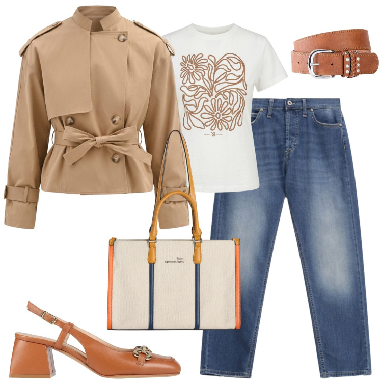 Outfit donna - Spring. Stile Casual chic per Tutti i giorni. Abbinamento con décolleté, cinture, jeans dritti, borse tote, t-shirt, caban.