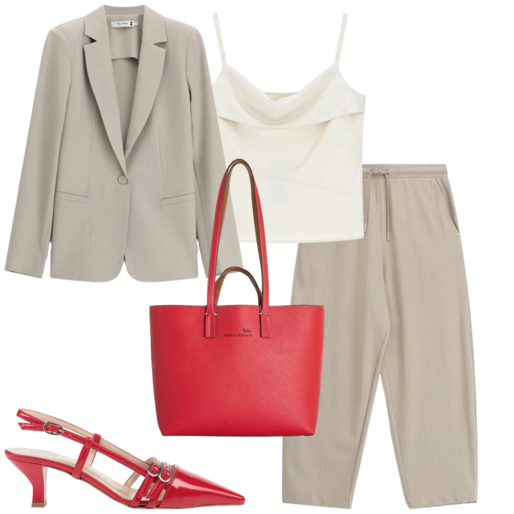 Outfit donna - Gesso e rosso. Stile Urban per Tutti i giorni. Abbinamento con décolleté, canottiere, pantaloni, blazer, shopping bag.