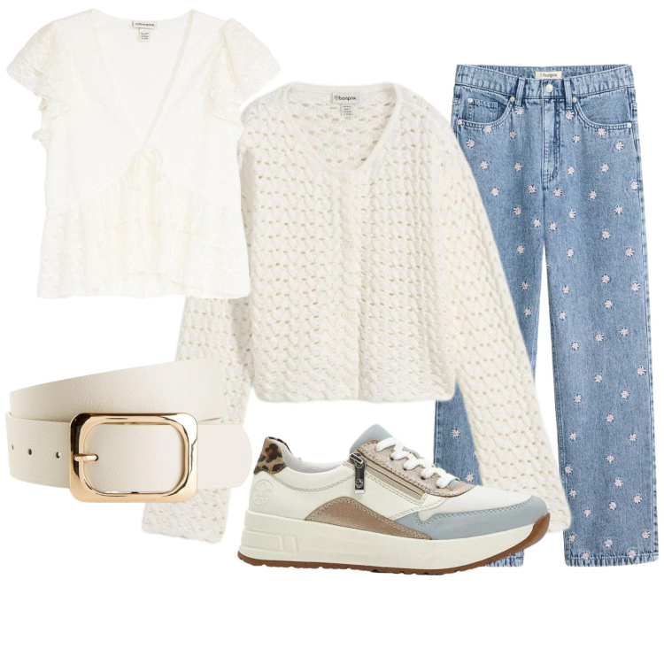 Outfit donna - Easy morning. Stile Casual per Tutti i giorni. Abbinamento con t-shirt, cinture, sneakers, cardigans, jeans dritti.