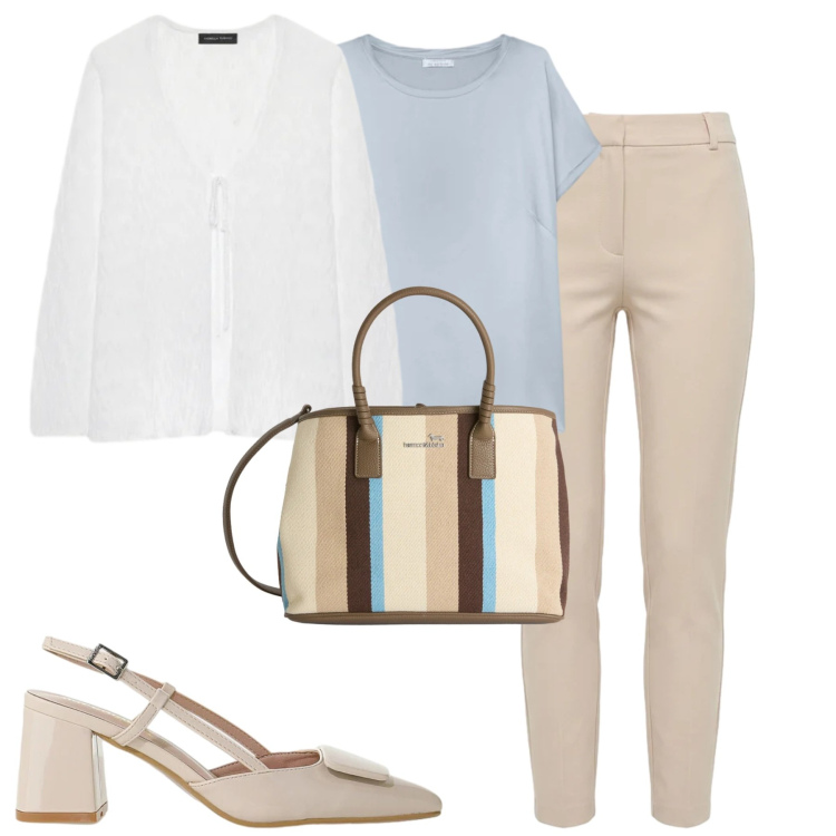 Outfit donna - City. Stile Urban per Tutti i giorni. Abbinamento con décolleté, pantaloni skinny, t-shirt, cardigans, shopping bag.