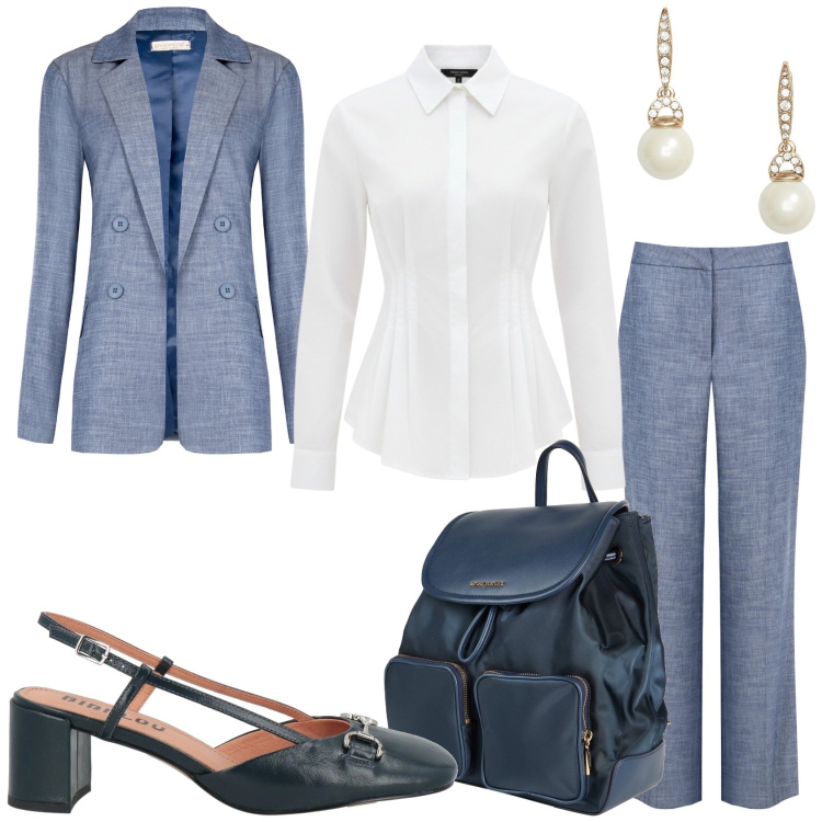 Outfit donna - Giorno di lavoro. Stile Glamour per Ufficio. Abbinamento con décolleté, zaini, blazer, pantaloni, camicie, orecchini.