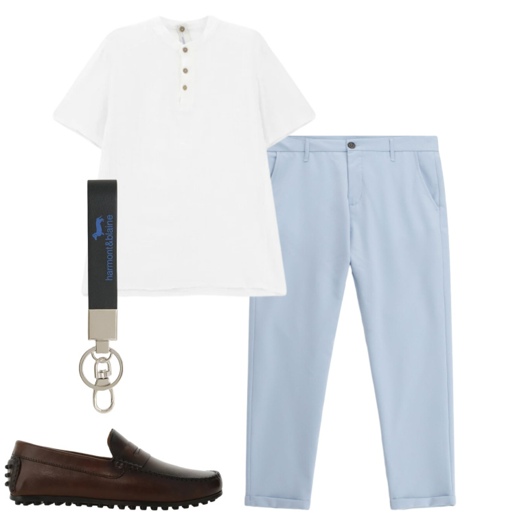 Outfit uomo - Aperitivo. Stile Urban per Serata speciale. Abbinamento con portachiavi, pantaloni, scarpe stringate, t-shirt.