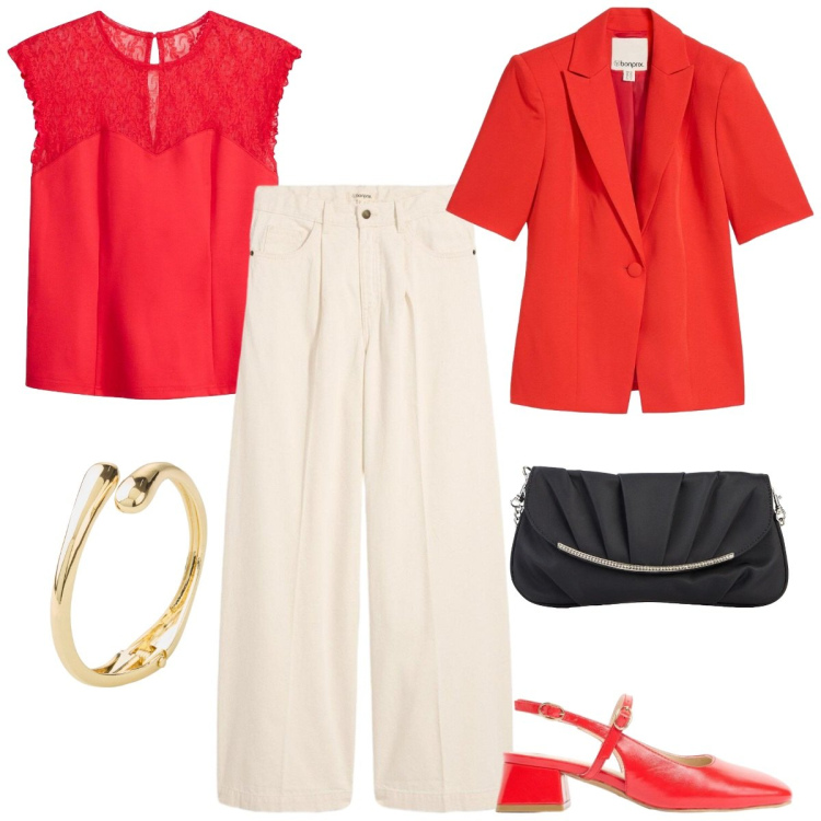 Outfit donna - Bonprix - Cool Spring. Stile Casual chic per Cerimonia. Abbinamento con blazer, top, jeans, clutch, braccialetti, décolleté.
