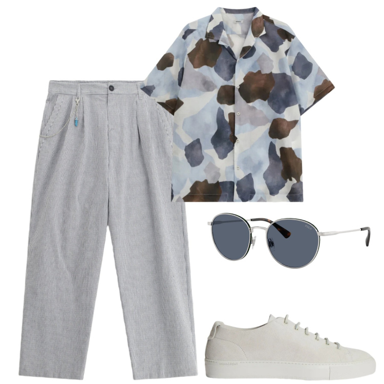 Outfit uomo - Aperitivo. Stile Trendy per Serata speciale. Abbinamento con pantaloni, camicie a manica corta, occhiali da sole, sneakers.