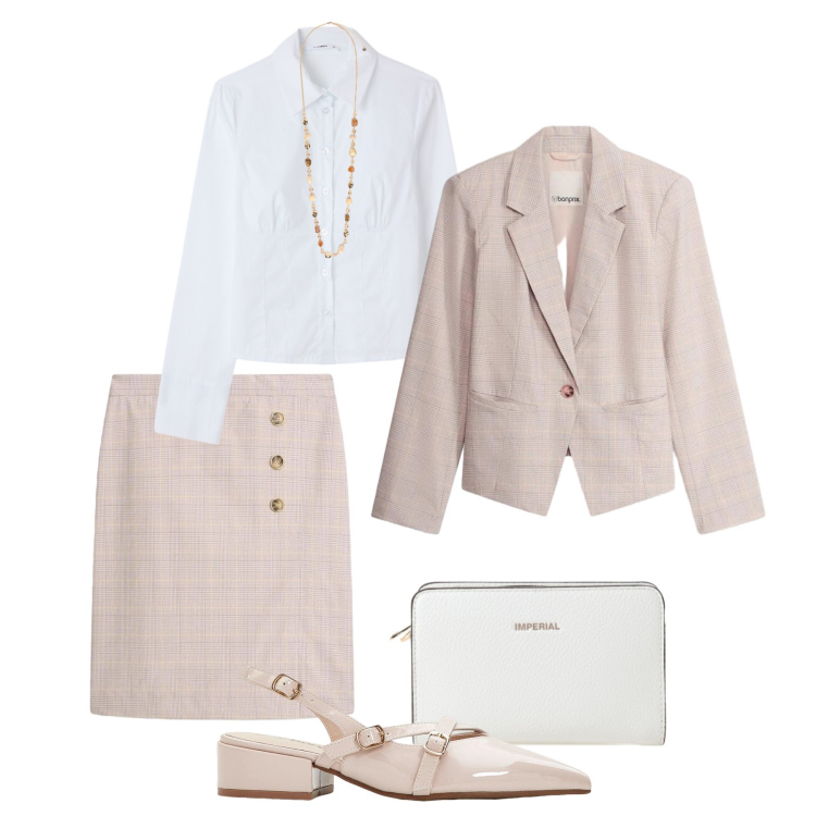 Outfit donna - Principe di Galles delicato. Stile Bon Ton per Ufficio. Abbinamento con gonne longuette, blazer, décolleté, borse a tracolla, collane, camicie.