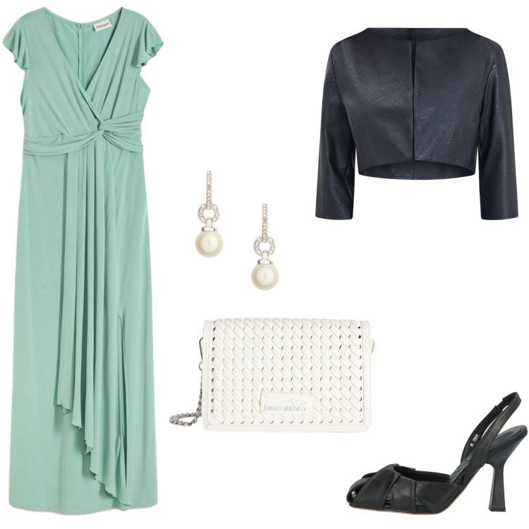 Outfit donna - Verde tiffany. Stile Bon Ton per Cerimonia. Abbinamento con décolleté, vestiti lunghi, bolero, borse a tracolla, orecchini.