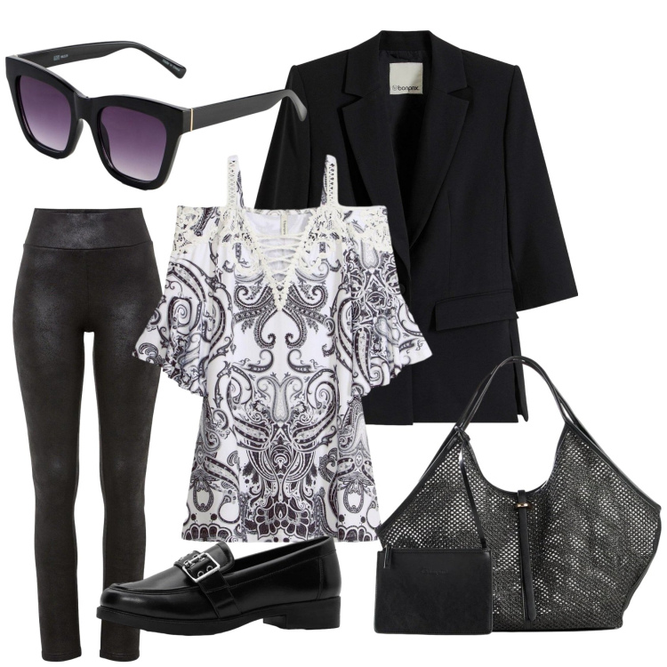 Outfit donna - Giornata di riunioni. Stile Mannish per Ufficio. Abbinamento con blazer, leggings, vestiti corti, shopping bag, mocassini, occhiali da sole.