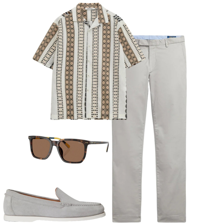 Outfit uomo - Total look #2382843. Stile Trendy per Tutti i giorni. Abbinamento con camicie a manica corta, occhiali da sole, pantaloni, scarpe stringate.