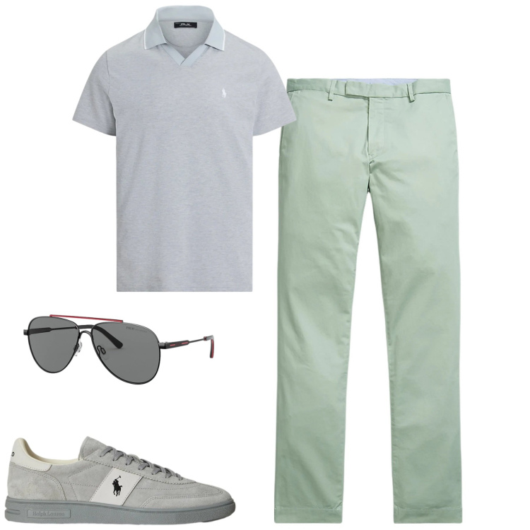 Outfit uomo - City. Stile Urban per Tutti i giorni. Abbinamento con pantaloni, sneakers, polo, occhiali da sole.