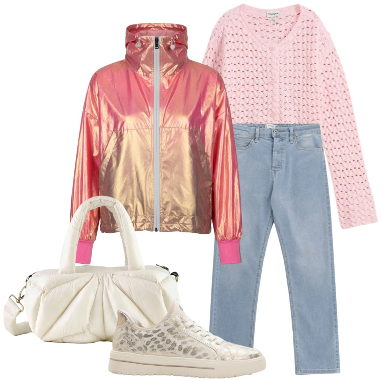 Outfit donna - Giornate ventose. Stile Casual per Tutti i giorni. Abbinamento con cardigans, sneakers, jeans, bomber, borse a mano.