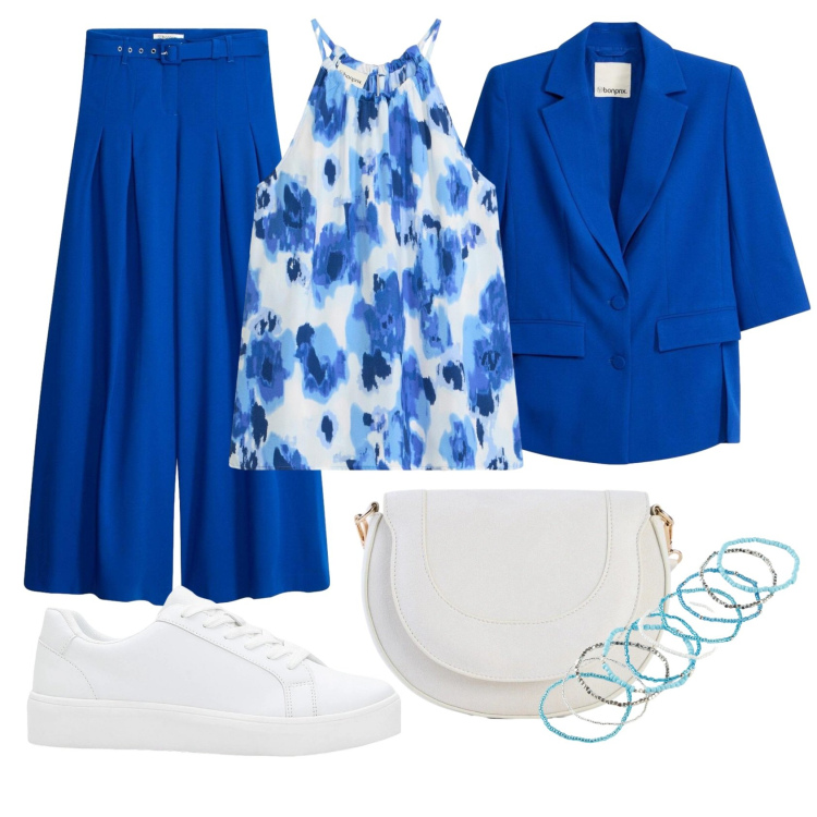 Outfit donna - Ufficio all days. Stile Casual chic per Ufficio. Abbinamento con pantaloni, blazer, braccialetti, sneakers, borse a tracolla, canottiere.