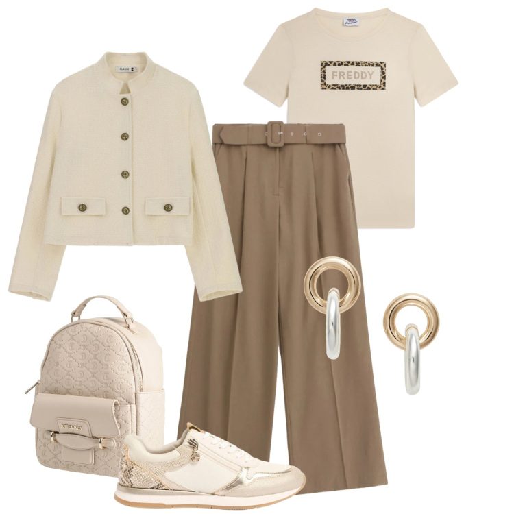 Outfit donna - Daily comoda con stile. Stile Trendy per Tutti i giorni. Abbinamento con zaini, sneakers, cappotti, pantaloni a palazzo, t-shirt, orecchini.