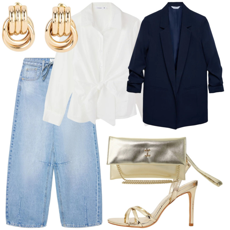 Outfit donna - Sere calde. per Serata fuori. Abbinamento con orecchini, blazer, jeans, camicie, sandali col tacco, borse a tracolla.