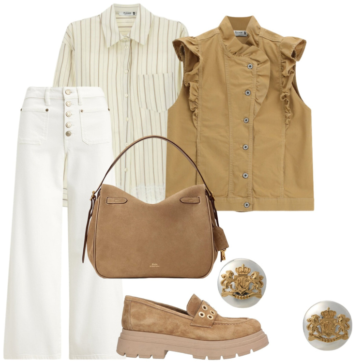 Outfit donna - Aprile in città. Stile Bon Ton per Tutti i giorni. Abbinamento con mocassini, camicie, gilet, orecchini, borse a mano, jeans.