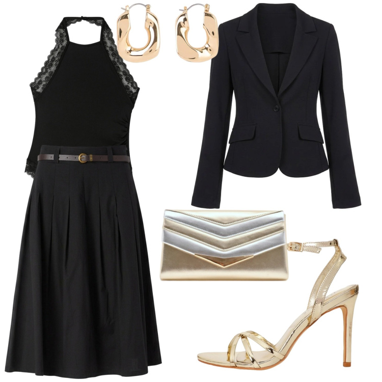 Outfit donna - Metti una serata con te. per Serata fuori. Abbinamento con orecchini, top, sandali col tacco, gonne longuette, blazer, pochette.