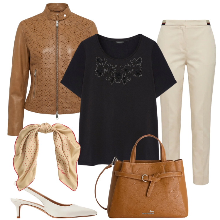 Outfit donna - Eleganza Casual in Pelle e Seta. Stile Casual chic per Tutti i giorni. Abbinamento con borse a mano, giacche, pantaloni chino, t-shirt, décolleté, foulard.