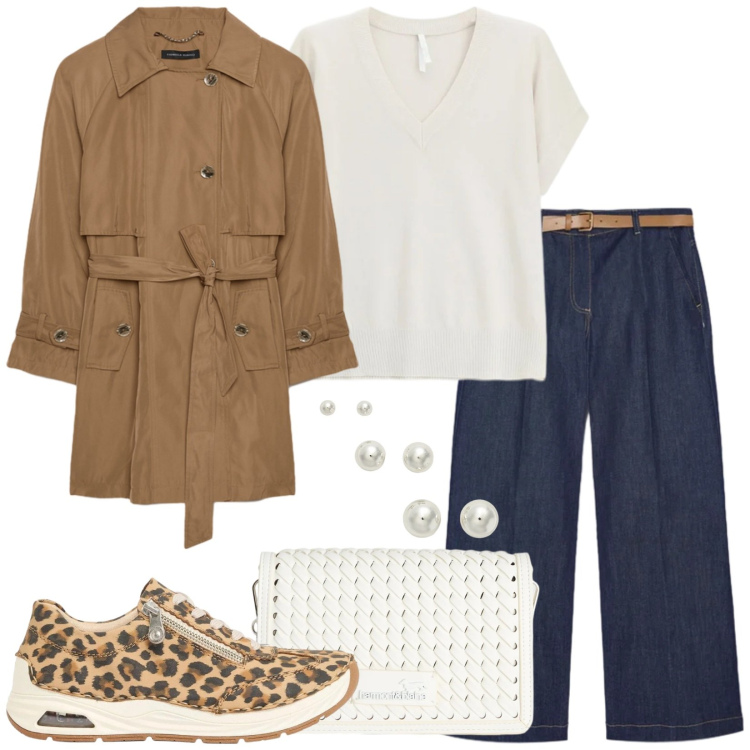 Outfit donna - Il trench. Stile Casual per Tutti i giorni. Abbinamento con sneakers, maglieria, jeans, trench, borse a tracolla, orecchini.