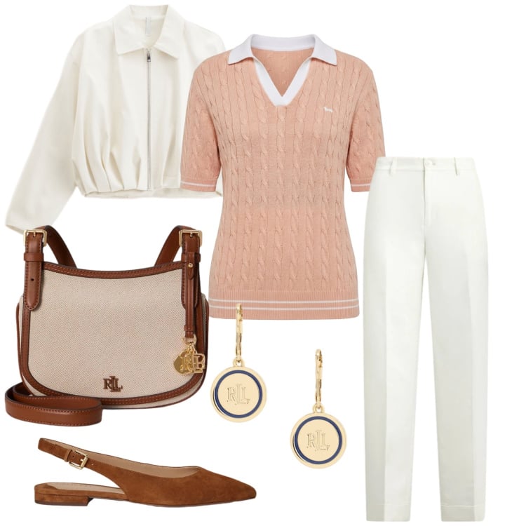 Outfit donna - Eleganza Primaverile in Rosa Pesca. Stile Casual chic per Tutti i giorni. Abbinamento con bomber, polo, pantaloni, orecchini, borse a tracolla, ballerine.