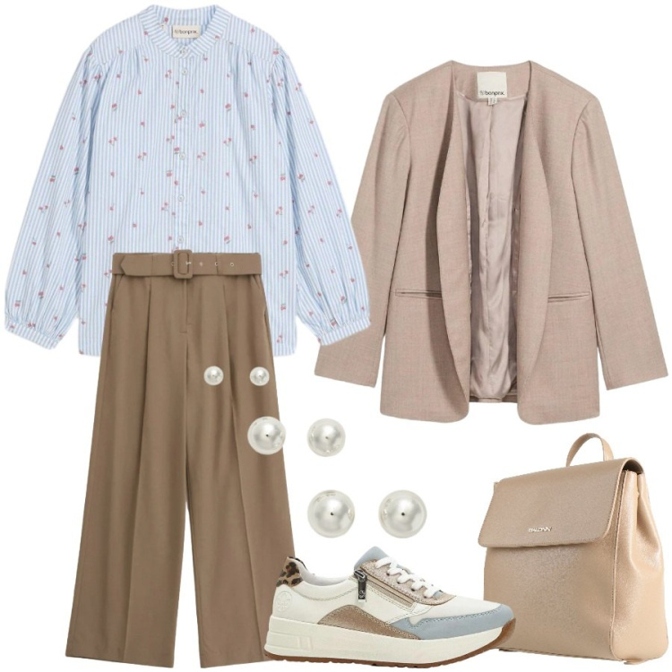 Outfit donna - Effortless chic. Stile Casual chic per Tutti i giorni. Abbinamento con zaini, sneakers, blazer, camicie, pantaloni a palazzo, orecchini.