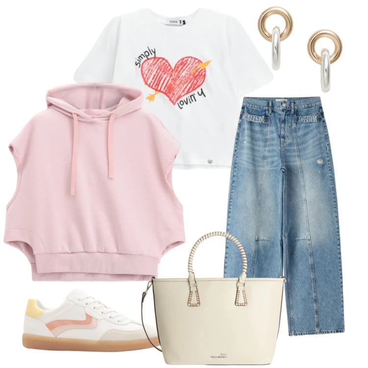 Outfit donna - Casual Creativo e Romantico. Stile Casual chic per Tutti i giorni. Abbinamento con sneakers, jeans, shopping bag, t-shirt, felpe con cappuccio, orecchini.
