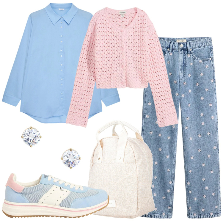 Outfit donna - Tipicamente primaverile. Stile Casual per Tutti i giorni. Abbinamento con zaini, cardigans, sneakers, jeans dritti, camicie, orecchini.
