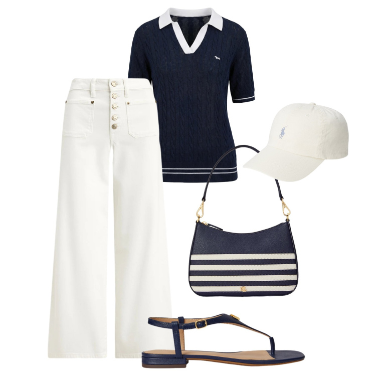Outfit donna - Jeans crop marine style. Stile Sporty chic per Tutti i giorni. Abbinamento con polo, jeans, sandali in pelle, borse a spalla, cappelli con visiera.