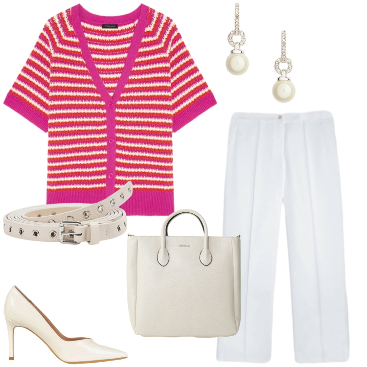 Outfit donna - Candy Stripes. Stile Casual chic per Ufficio. Abbinamento con cinture, borse a tracolla, cardigans, pantaloni, décolleté, orecchini.