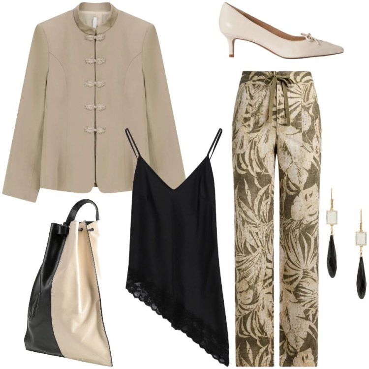 Outfit donna - Effortless chic. Stile Etnico per Serata fuori. Abbinamento con zaini, top, blazer, pantaloni, orecchini, décolleté.