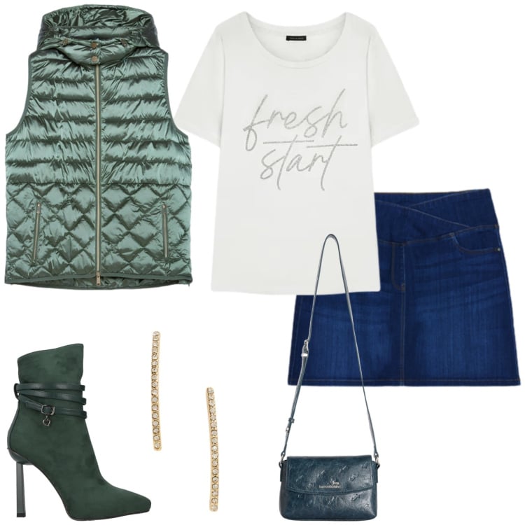 Outfit donna - Dinamismo Urban e Tonalità Bosco. Stile Casual chic per Tutti i giorni. Abbinamento con stivaletti, minigonne, piumini, t-shirt, borse a tracolla, orecchini.
