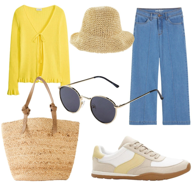 Outfit donna - Look da passeggio. Stile Casual per Tutti i giorni. Abbinamento con jeans, sneakers, cardigans, cappelli, occhiali da sole, shopping bag.