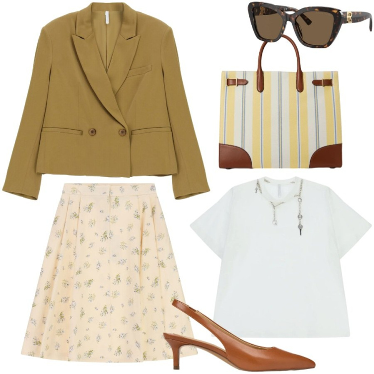 Outfit donna - Festa di famiglia. Stile Chic per Cerimonia. Abbinamento con gonne longuette, t-shirt, blazer, occhiali da sole, décolleté, borse tote.