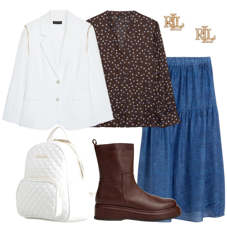 Outfit donna - Mezza stagione. Stile Trendy per Tutti i giorni. Abbinamento con stivaletti, zaini, gonne lunghe, bluse, blazer, orecchini.