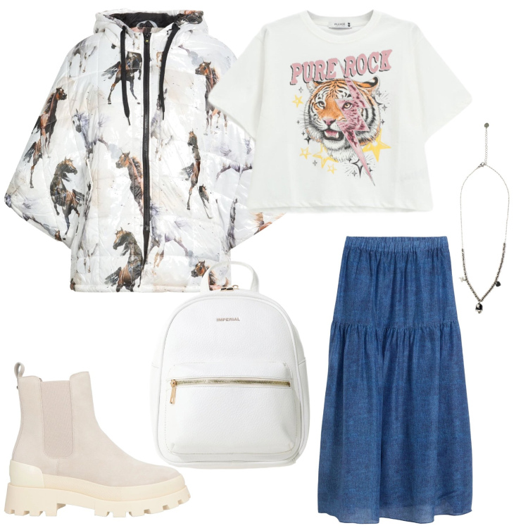 Outfit donna - Rock-Chic e Libertà Urbana. Stile Casual chic per Tutti i giorni. Abbinamento con cappe, stivaletti chelsea, gonne lunghe, zaini, t-shirt, ciondoli.