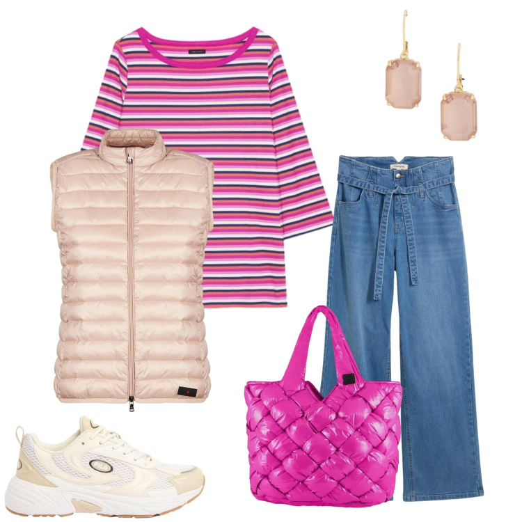 Outfit donna - Bubblegum Pop. Stile Casual chic per Tutti i giorni. Abbinamento con jeans, sneakers, t-shirt, piumini, borse tote, orecchini.