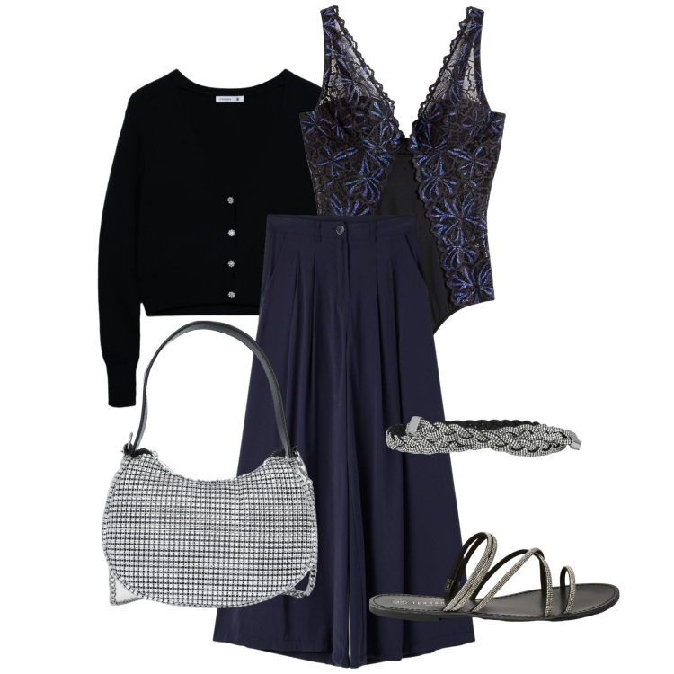 Outfit donna - Total look #2382881. Stile Romantica per Serata fuori. Abbinamento con body, pantaloni, cinture, cardigans, sandali, borse a spalla.