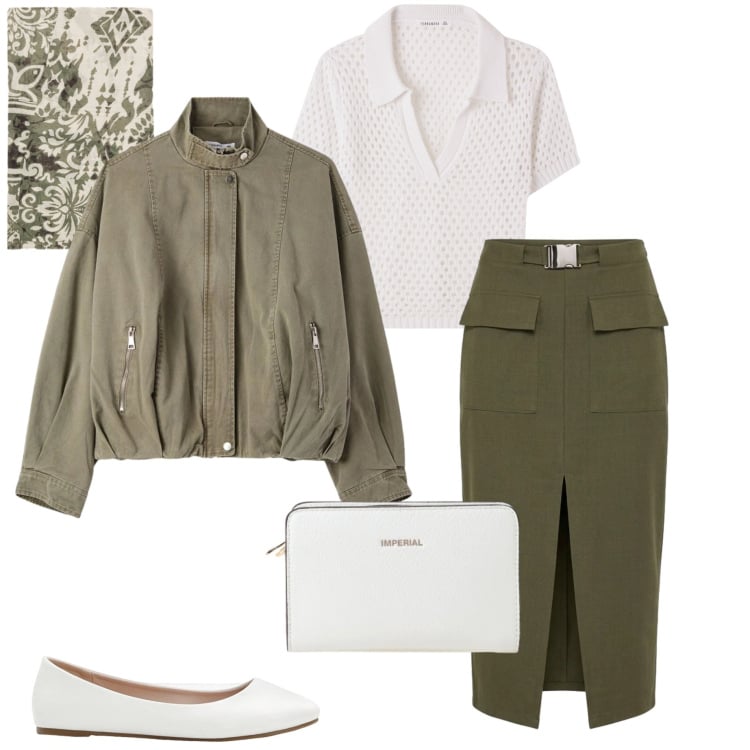 Outfit donna - Urban style. Stile Urban per Ufficio. Abbinamento con ballerine, polo, gonne longuette, bomber, borse a tracolla, foulard.