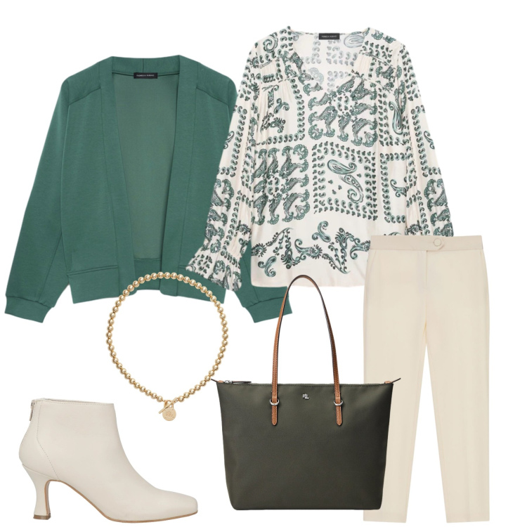 Outfit donna - Boho-Chic Sofisticato. Stile Boho per Ufficio. Abbinamento con stivaletti, pantaloni, bluse, felpe, collane, borse tote.