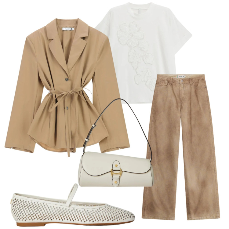 Outfit donna - Urban primaverile. Stile Urban per Ufficio. Abbinamento con pantaloni a palazzo, blazer, t-shirt, borse a spalla, ballerine.