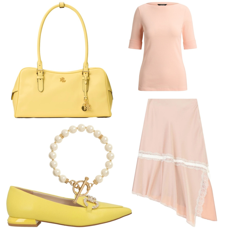 Outfit donna - Tinte pastello. Stile Romantica per Tutti i giorni. Abbinamento con mocassini, gonne longuette, borse a mano, collane, t-shirt.