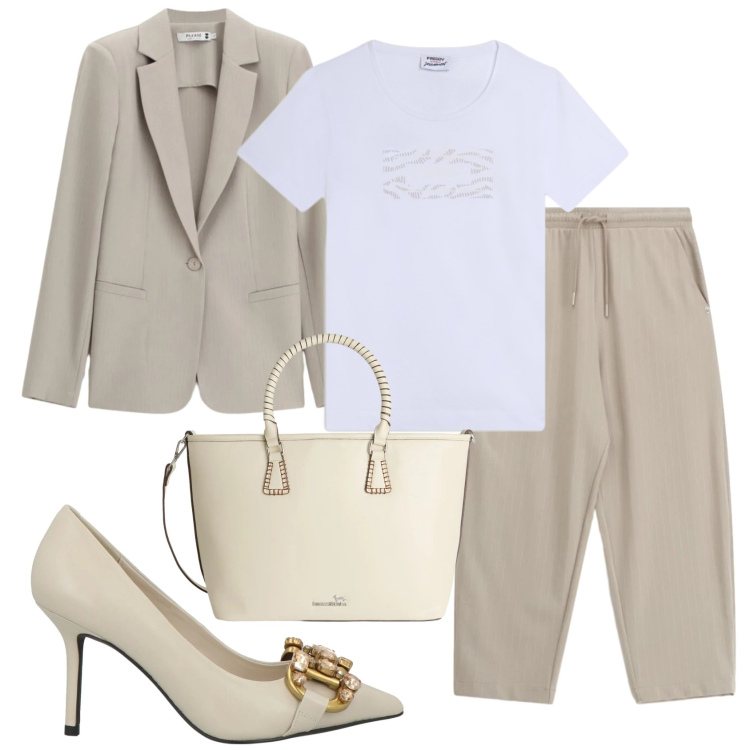 Outfit donna - Total look #2382886. Stile Casual chic per Ufficio. Abbinamento con décolleté, pantaloni, blazer, shopping bag, t-shirt.