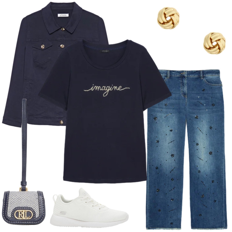 Outfit donna - Casual Scintillante e Ricercato. Stile Casual chic per Ufficio. Abbinamento con sneakers, blazer, jeans dritti, t-shirt, pochette, orecchini.