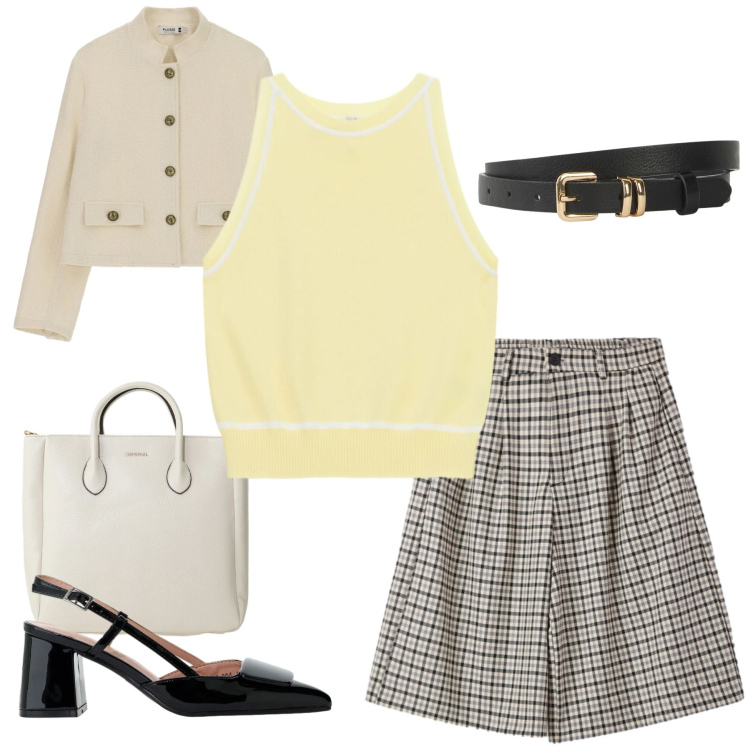 Outfit donna - Eleganza Bon-Ton. Stile Casual chic per Ufficio. Abbinamento con cinture, bermuda, top, borse a tracolla, décolleté, cappotti.