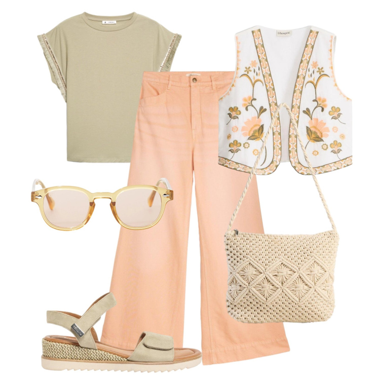 Outfit donna - I jeans albicocca. Stile Boho per Tutti i giorni. Abbinamento con jeans, borse a tracolla, gilet, sandali, t-shirt, occhiali da sole.