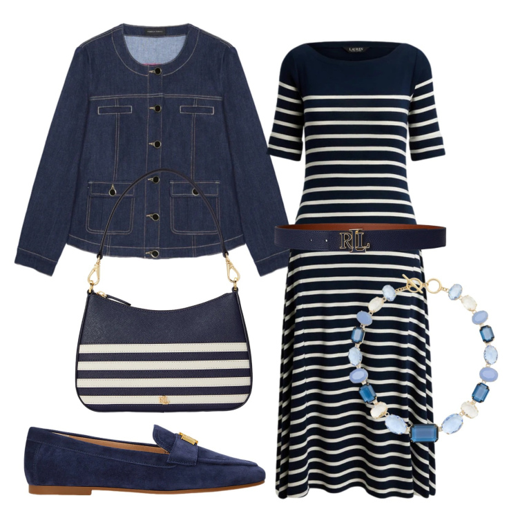 Outfit donna - Total look #2382891. Stile Bon Ton per Tutti i giorni. Abbinamento con blazer, vestiti, cinture, mocassini, collane, borse a spalla.