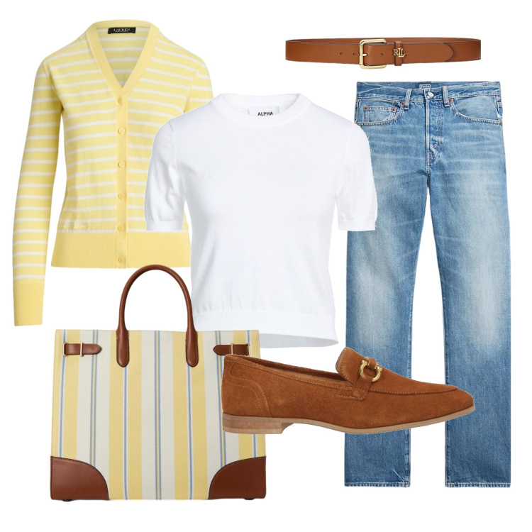 Outfit donna - Total look #2382892. Stile Mannish per Ufficio. Abbinamento con mocassini, pullovers, cinture, jeans dritti, borse tote, cardigans.
