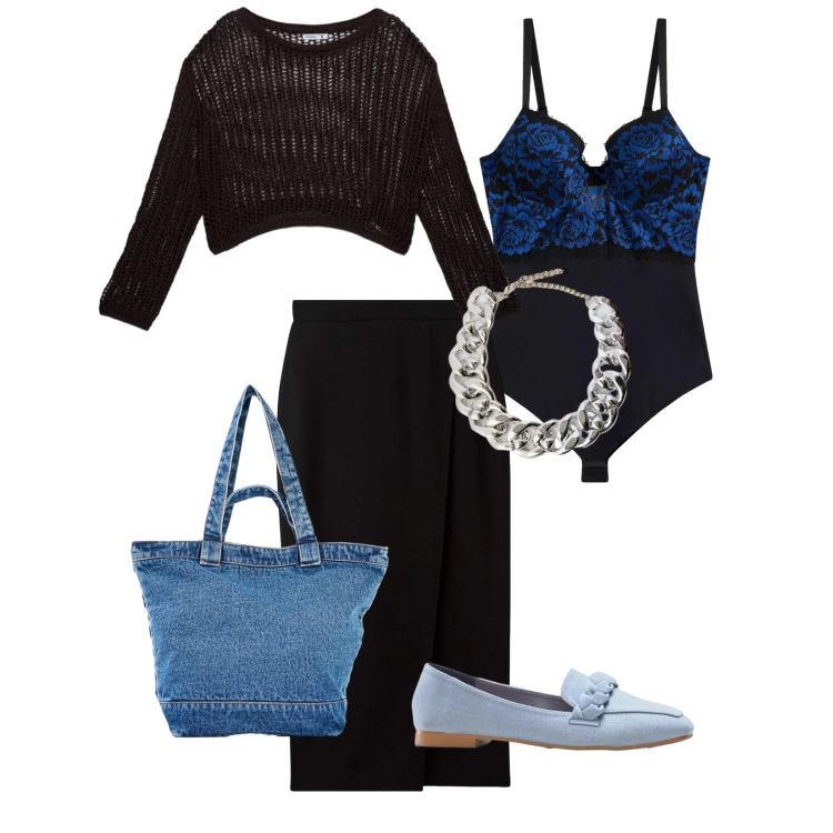 Outfit donna - Total look #2382893. Stile Casual per Serata fuori. Abbinamento con mocassini, body, shopping bag, gonne longuette, maglieria, collane.