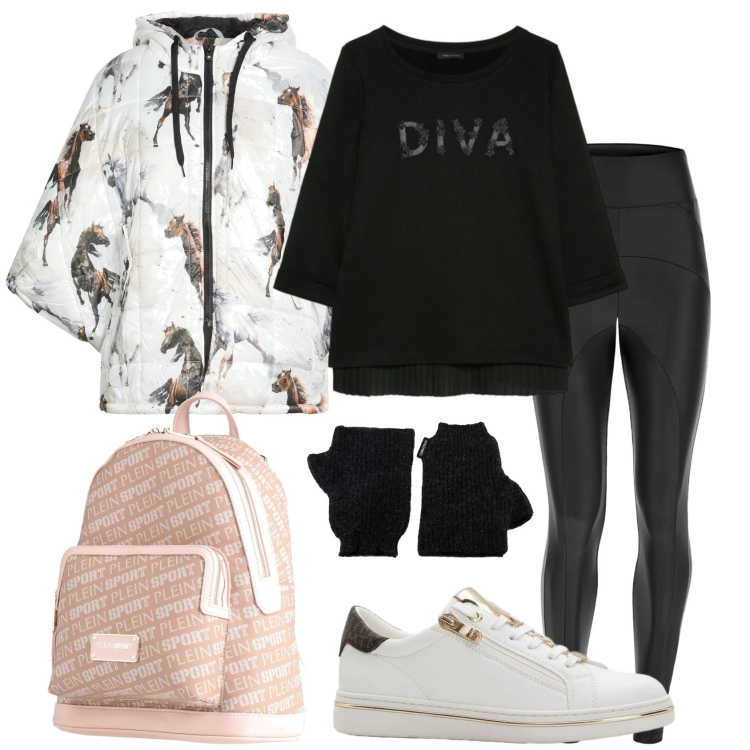 Outfit donna - Total look #2382896. Stile Sporty chic per Scuola/Università. Abbinamento con cappe, zaini, sneakers, felpe, pantaloni skinny, guanti.
